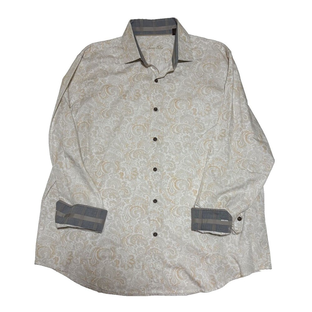 Tasso Elba Paisley Shirt Men's Beige Long Sleeve Button Up Contrasting Sz XXL 18 - Picture 2 of 6